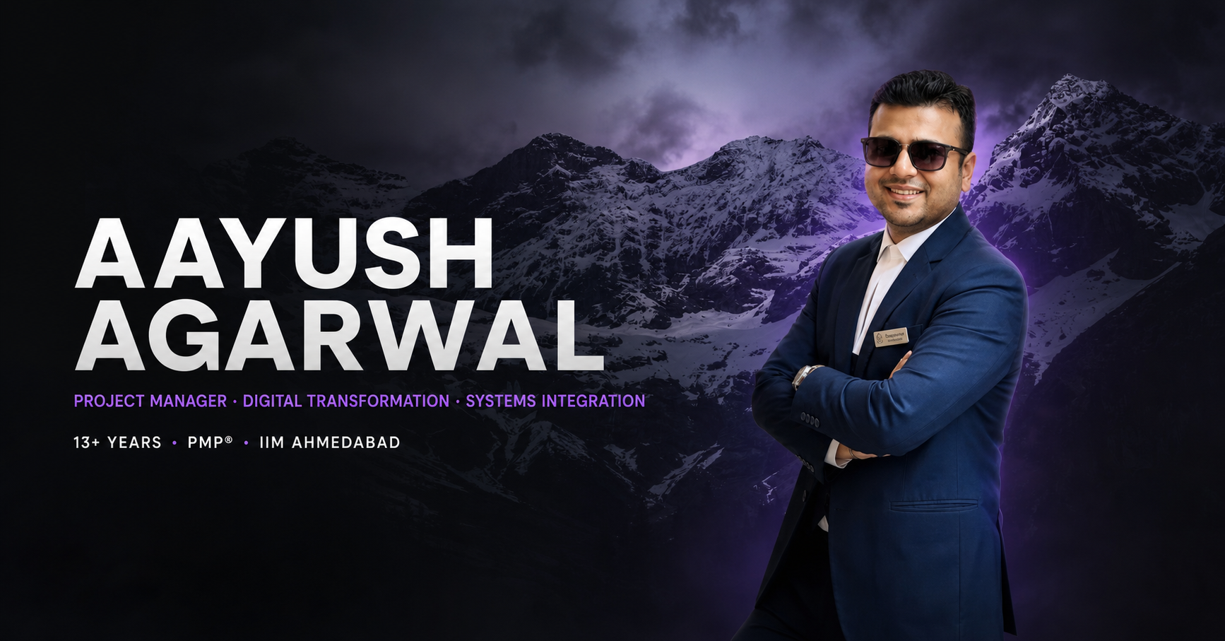 Aayush Agarwal against a dark violet Himalayan mountain landscape